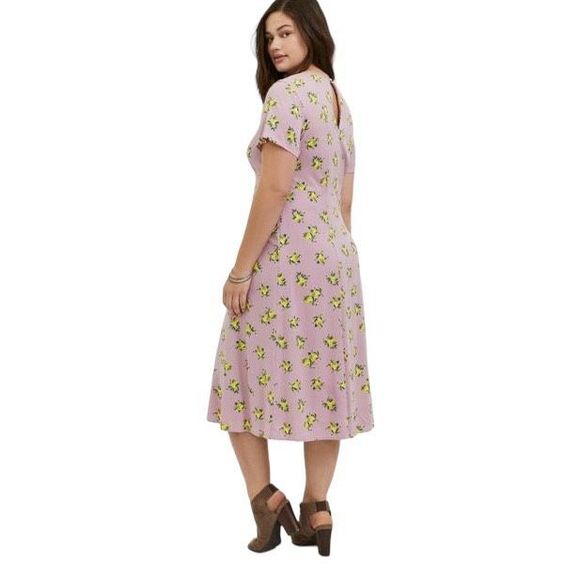 Torrid Plus Size 2X Dress Midi Challis Button Front Dress Mauve Lemon Print 1601 - Picture 16 of 16